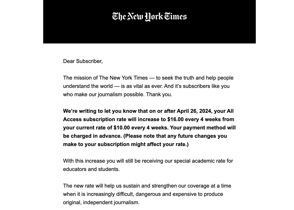 Hey @nytimes, do you think suddenly increasing subscription price by 60% is going to be a hit with your subscribers? Or are you only doing this to academic subscribers?