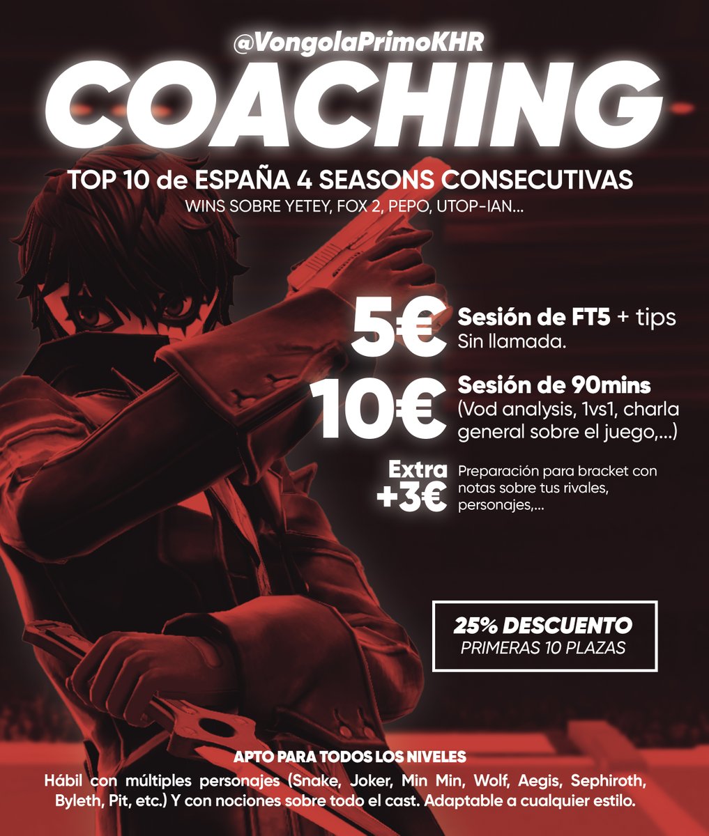 Y rematando, abro coaching! Cualquier duda tengo dms abiertos, y de horarios podemos acordar lo mismo.
Todos los que han tenido coaching conmigo han salido muy muy satisfechos, asi que es una gran oportunidad si quereis dar el salto de nivel o estais empezando a jugar
RT porfa!