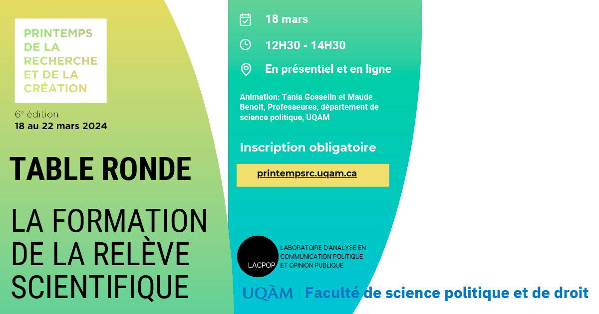 Recherche et création UQAM (@rechercheuqam) on Twitter photo Comment former une relève scientifique rigoureuse, pertinente et en phase avec les réalités du 21e siècle ?
C'est la question centrale qui sera abordée à cette table ronde.
👉18 mars 12h30, J-1450
<a href="/Pol_droit_UQAM/">Faculté de science politique et de droit - UQAM</a> <a href="/EducationUQAM/">Éducation UQAM</a> #FRQ <a href="/fshUQAM/">Faculté des sciences humaines de l'UQAM</a> <a href="/sciencesUQAM/">Faculté des sciences de l’UQAM</a> <a href="/esg_uqam/">ESG UQAM</a> <a href="/VieEtudiante/">Vie étudiante UQAM</a> Comment former une relève scientifique rigoureuse, pertinente et en phase avec les réalités du 21e siècle ?
C'est la question centrale qui sera abordée à cette table ronde.
👉18 mars 12h30, J-1450
<a href="/Pol_droit_UQAM/">Faculté de science politique et de droit - UQAM</a> <a href="/EducationUQAM/">Éducation UQAM</a> #FRQ <a href="/fshUQAM/">Faculté des sciences humaines de l'UQAM</a> <a href="/sciencesUQAM/">Faculté des sciences de l’UQAM</a> <a href="/esg_uqam/">ESG UQAM</a> <a href="/VieEtudiante/">Vie étudiante UQAM</a>