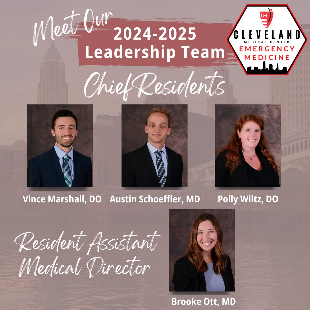 Thrilled to announce our Resident Leadership Team for 2024-2025! Congratulations to Drs. Vince Marshall, Austin Schoeffler, &amp; Polly Wiltz, &amp; Resident Assistant Medical Director, Dr. Brooke Ott! We’re so excited to see what they'll accomplish next year! 
#CLErising #Believeland