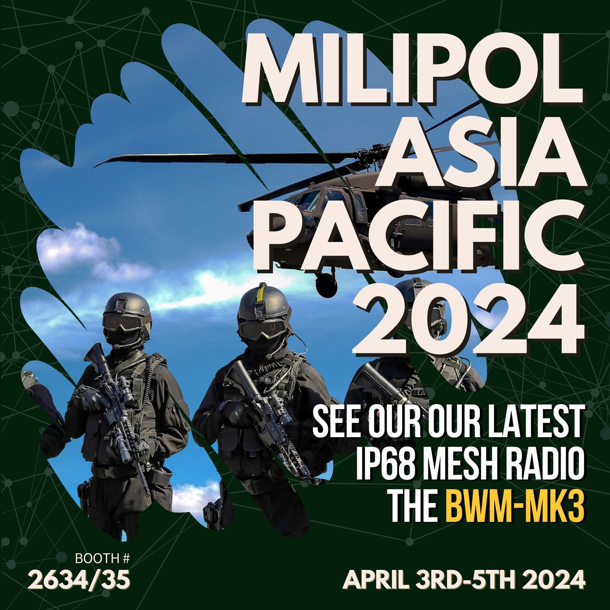SovereignSys's tweet photo. We are thrilled to be exhibiting at @milipolasiapac
Come and see the class leading COFDM IPMesh MANET radios, with the world's best anti-jamming, incl legacy, military standard, Frequency Hopping Spread Spectrum, and SMART. #antijamming #ewjamming #combatproven #ipmesh #meshradio https://t.co/PS5yHh2VIA