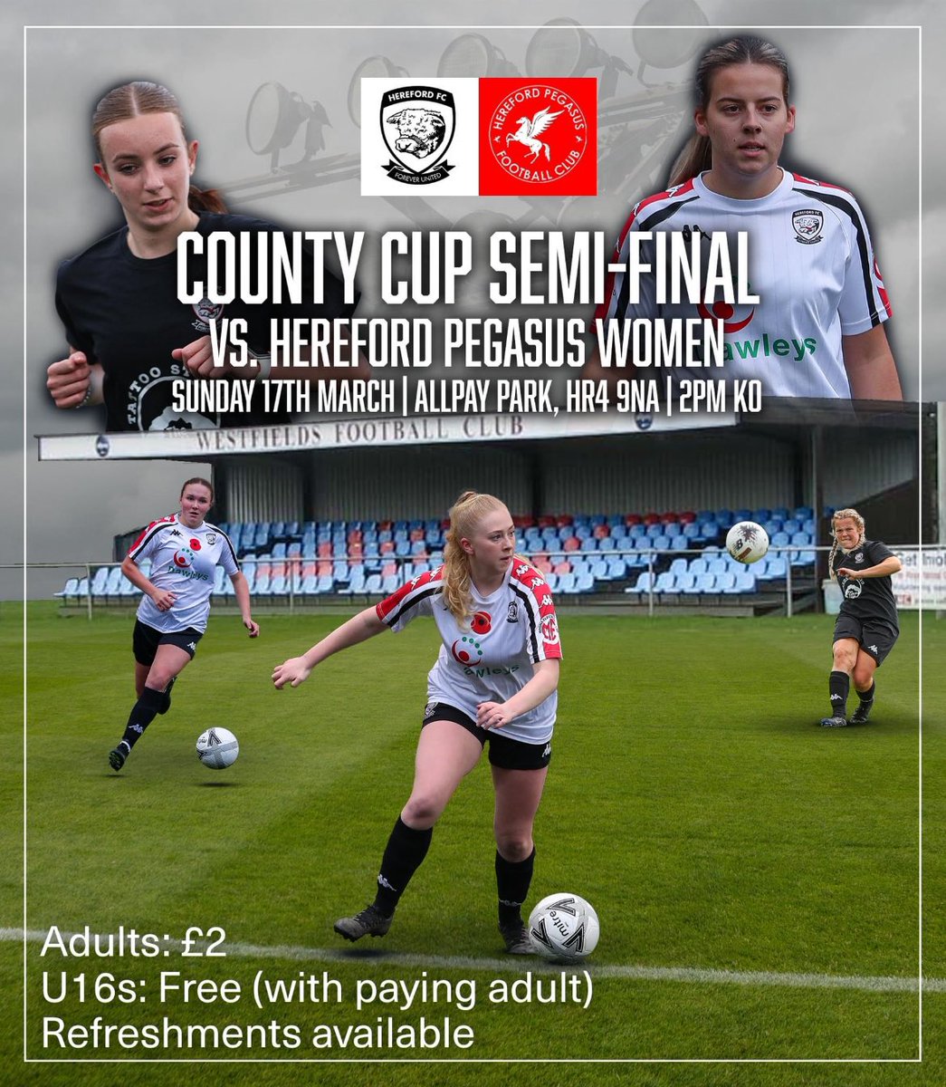 HerefordFCWomen's tweet photo. ⚽️Sunday 17th March 2pm KO⚽️

Come along this Sunday to Allpay Park to support our women’s team in their biggest game of the season! 
U16s FREE with a paying adult. 

#COYW #ourcity https://t.co/oKiKWxy8iz