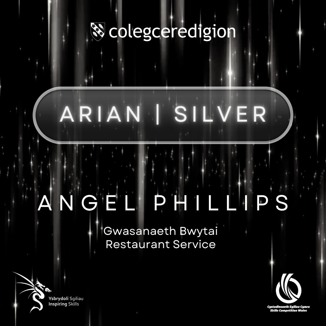 Llongyfarchiadau i Angel Phillips am ennill medal arian yn y gystadleuaeth Gwasanaeth Bwyty #SCW24! Rydyn ni mor falch!👏 Congratulations to Angel Phillips for winning a silver medal in the Restaurant Service #SCW24 competition! We’re so proud!👏