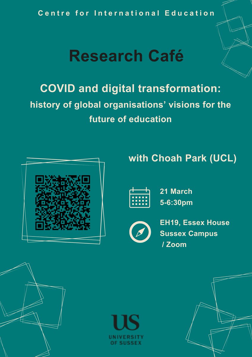 Next week! 📑COVID and digital transformation - history of global organisations’ visions for the future of education with Choah Park (UCL) 🗓️21 March, 5-6:30pm 🧭EH19, Essex House, Sussex Campus/Zoom 🔗Register here: forms.gle/qVs9np73RFJb35…