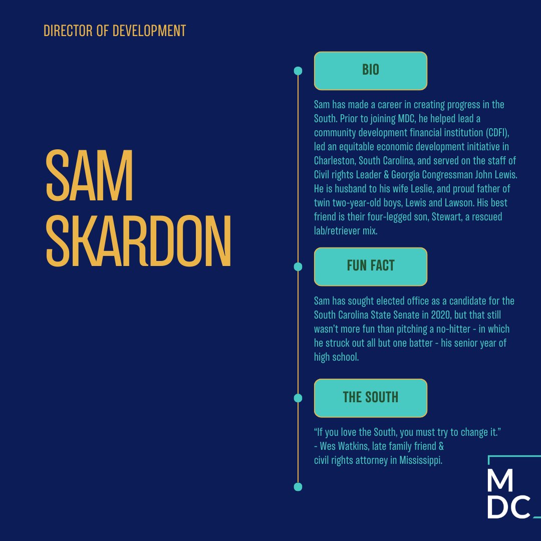 Meet Sam Skardon, MDC's new Director of Development! Sam has dedicated his career to economic mobility, empowerment, and justice in the American South. As Development Director, Sam works to establish and strengthen investor relations with MDC. Swipe to learn more about Sam!