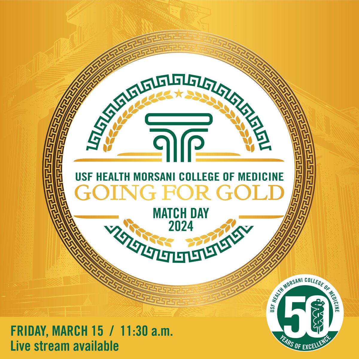 USFHealth's tweet photo. Don't miss @USFHealthMed's 'Going for Gold' Match Day tomorrow, 11:45 AM at @Uleletampa! Witness where our #meded students are headed as new physicians. Watch live: https://t.co/1H0szq1duw. Explore 50 years of #USFMatch milestones and memories: https://t.co/K7vD90jJIu. #Match2024 https://t.co/pQCA8QMG0z