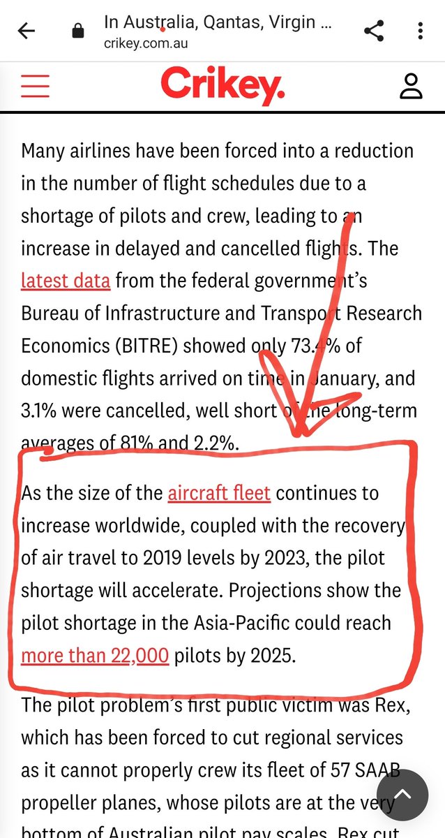 The pilot shortage is real...everywhere...and getting worse! We support policy makers who know the ONLY way to ensure a continued strong aviation safety record for US airlines is to #raisethepilotretirementage #aligntreaties #letthemfly #ExperienceMatters crikey.com.au/2024/03/14/aus…