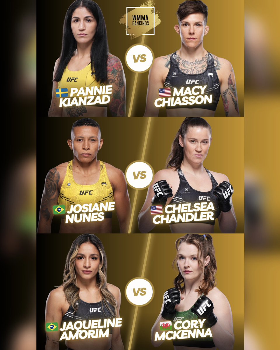 🚨 Just 2️⃣ days until #UFCVegas88! Featuring top-ranked bantamweight showdowns: #6 🇸🇪 Pannie Kianzad vs. #10 🇺🇸 Macy Chiasson, and #13 🇧🇷 Josiane Nunes vs. #14 🇺🇸 Chelsea Chandler. Plus, rising talents 🇧🇷 Jaqueline Amorim and 🏴󠁧󠁢󠁷󠁬󠁳󠁿 Cory McKenna in strawweight action! #WMMA #UFC