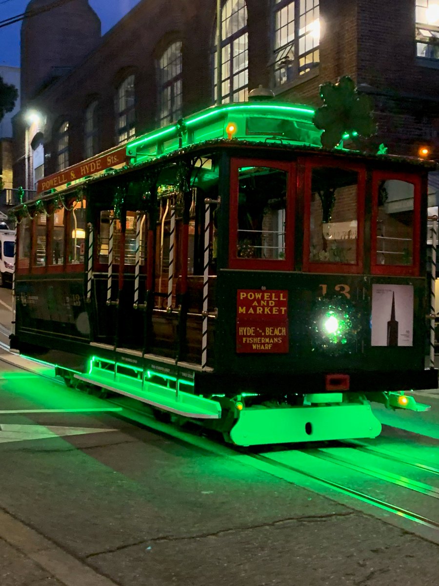 Lucky Cable Car 13 ready for St. Paddy’s Day Weekend runs, decorations courtesy of IBEW members working at the Cable Car Barn. Only fittting for the oldest version of green transit in SF!!!

Proudly serviced, maintained, &amp; repaired by the @ibew members of Local 6. <a href="/ECI415/">SFECI ⚡🏗️🏙️🌆🌃🚃🚎</a> @sfmta