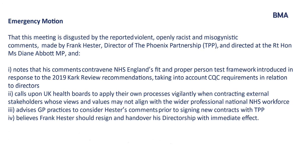 An emergency motion was debated today in response to reports of comments allegedly made by Frank Hester OBE, chief executive of The Phoenix Partnership (TPP). The motion, below, has passed in all parts. [1/2]