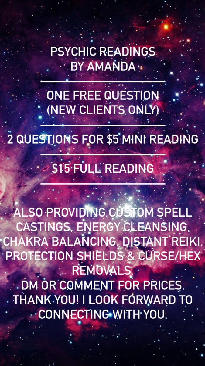 Psychic_Amanda_'s tweet photo. Dm or comment if you would be interested in one free psychic reading question. Must be 18+ to inquire. 
#psychic #psychicreading #chakra #chakras #freepsychic #tarot #freetarot https://t.co/CWgZRp6KbM