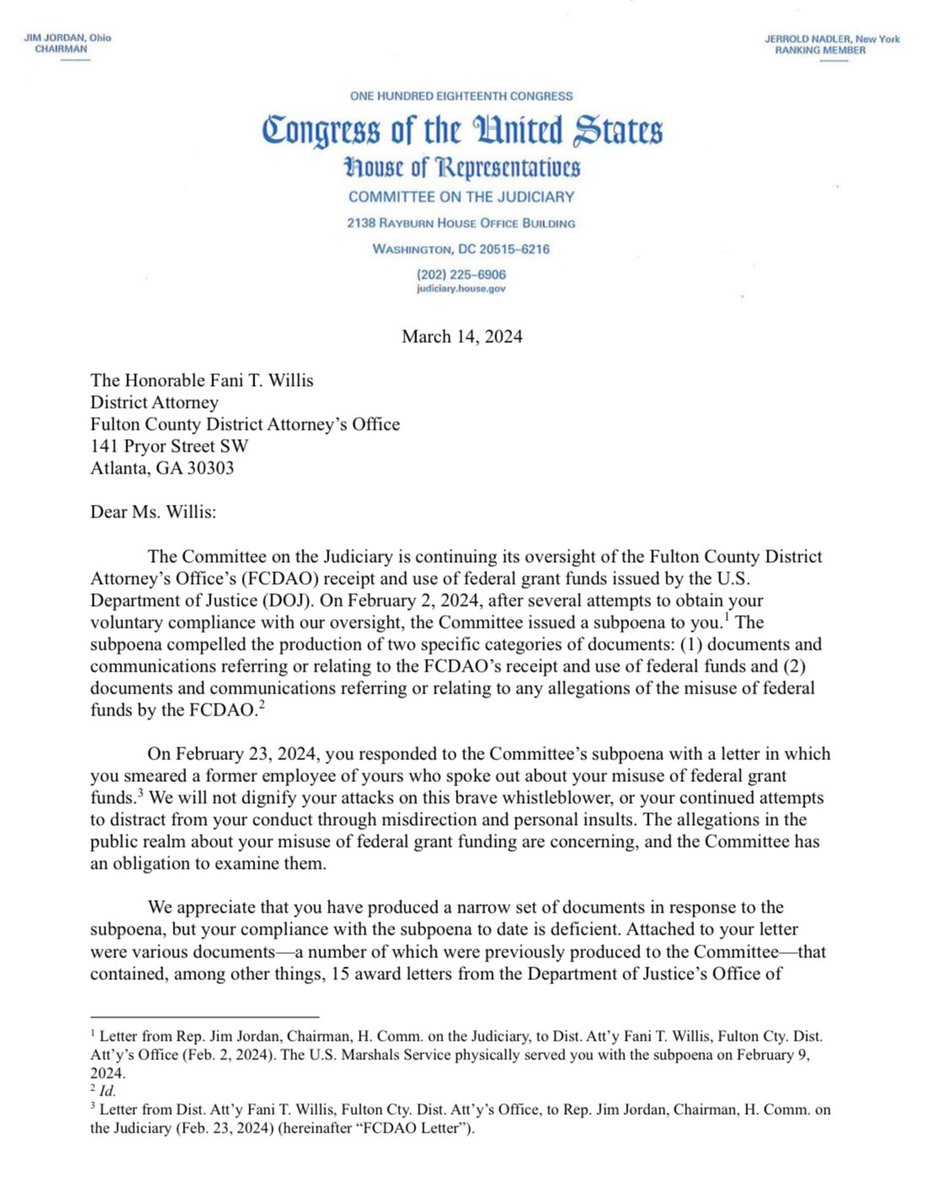 Chicago1Ray's tweet photo. Just Announced 🚨 🚨 

Jim Jordan just sent Fani Willis demanding receipts of Federal Grant money, threatening contempt if she fails to produce or respond 

Raise your hand ✋️ if you want Fani Willis disbarred for malicious prosecution of Trump https://t.co/t2HT9698Wf