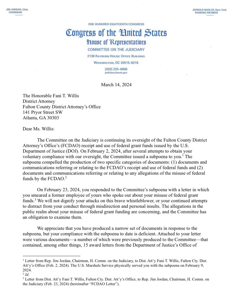 Just Announced 🚨 🚨 Jim Jordan just sent Fani Willis demanding receipts of Federal Grant money, threatening contempt if she fails to produce or respond Raise your hand ✋️ if you want Fani Willis disbarred for malicious prosecution of Trump