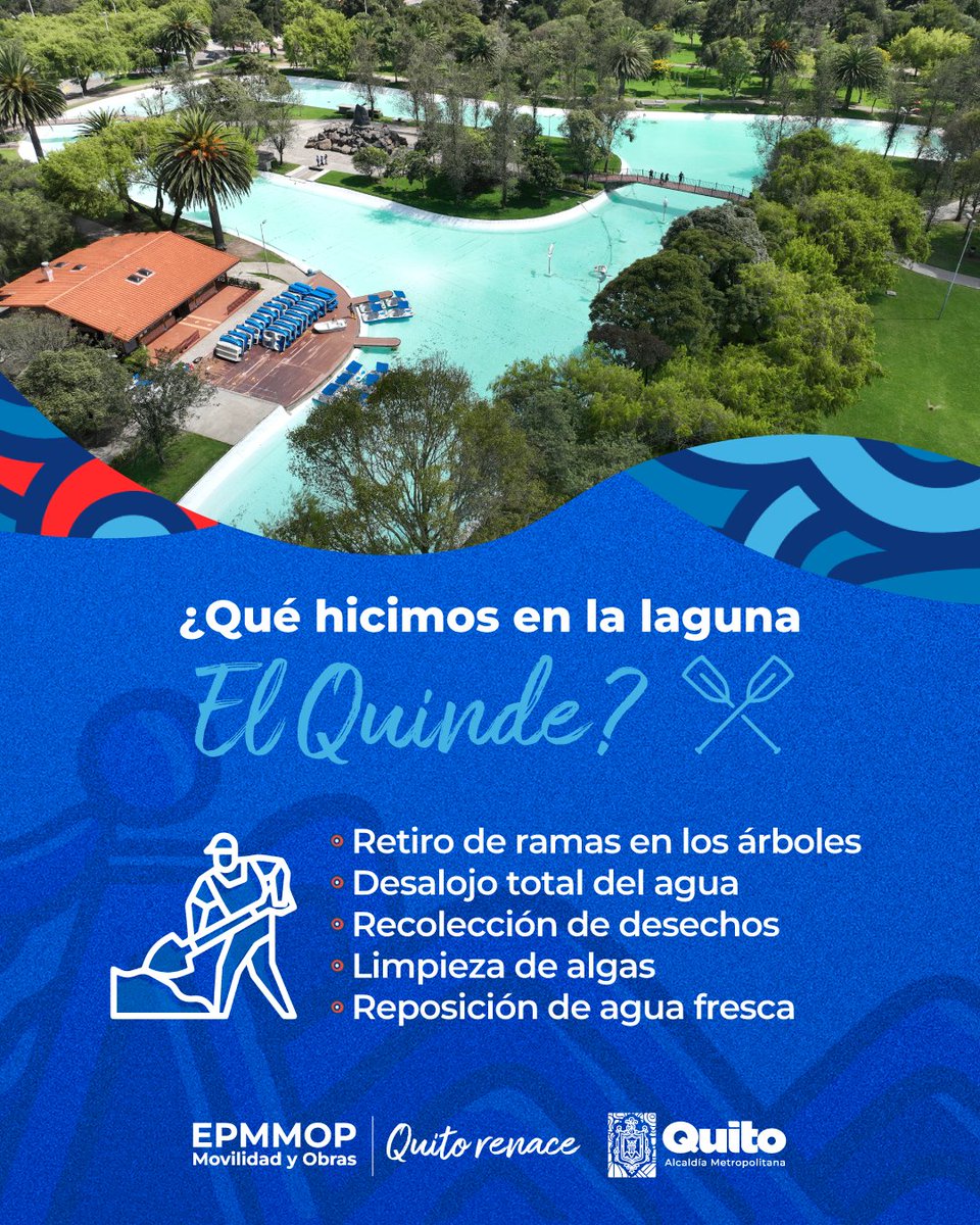 ObrasQuito's tweet photo. 🌿#ParquesMetropolitanos | Renovamos la laguna #ElQuinde, en La Carolina con:
🌳 Retiro de ramas en los árboles
💦 Desalojo total del agua
🍂 Recolección de desechos
🧼 Limpieza de algas
💧 Reposición de agua fresca, entre otros.
¡Ayúdanos a cuidarla!
#QuitoRenace https://t.co/PIfm08bswX