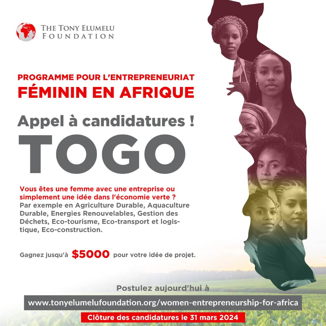 [Appel à candidature pour les femmes du #Togo ] : Entrepreneuriat féminin pour l'Afrique Dans le but d'encourager davantage l'entrepreneuriat féminin en Afrique, la fondation Tony Elumelu a lancé l'ouverture de programme « Women Entrepreneurship For Africa » (WE4A) visant à...👇🏿