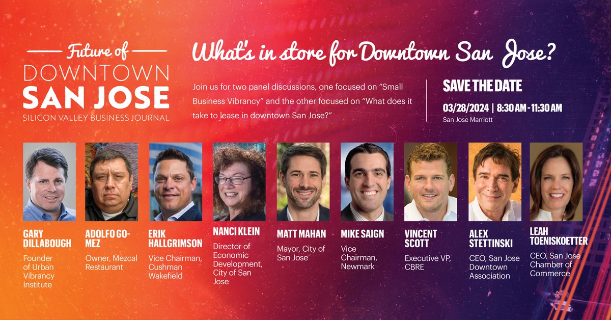 San Jose Downtown (@sj_downtown) on Twitter photo Join the <a href="/svbizjournal/">Silicon Valley Business Journal</a> 3/28, to hear from San Jose Mayor <a href="/MattMahanSJ/">Mayor Matt Mahan</a> & Director of Economic Development, Nanci Klein, on the future of #DTSJ. SJDA CEO Alex Stettinski will be a featured panelist discussing downtown vibrancy.
Get your tickets at bizjournals.com/sanjose/event/… Join the <a href="/svbizjournal/">Silicon Valley Business Journal</a> 3/28, to hear from San Jose Mayor <a href="/MattMahanSJ/">Mayor Matt Mahan</a> & Director of Economic Development, Nanci Klein, on the future of #DTSJ. SJDA CEO Alex Stettinski will be a featured panelist discussing downtown vibrancy.
Get your tickets at bizjournals.com/sanjose/event/…