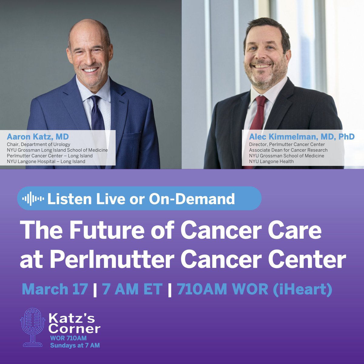 Tune in this Sunday (3/17): Our director Dr. Alec Kimmelman joins Dr. Aaron Katz (@RadioDoctorKatz) of @NYULISOM_U to discuss the latest ground-breaking cancer research & what’s on the horizon for Perlmutter Cancer Center! Listen live or on-demand: ihr.fm/3ENmtu2