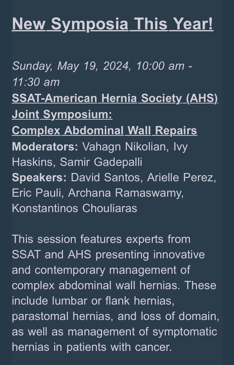 Ian S Soriano 🇵🇭 (@filipinosurgeon) on Twitter photo Excited for the newest collaboration between <a href="/AmericanHernia/">American Hernia Society</a> and <a href="/SSATNews/">SSAT</a> at the next <a href="/DDWMeeting/">Digestive Disease Week</a> in DC!!! Join us for this ⭐️🌟 - studded session featuring <a href="/ericpaulimd/">Eric Pauli</a> <a href="/ajperezmdmph/">Arielle Perez, MD, MPH</a> <a href="/ArchanaR8/">Archana Ramaswamy</a> and moderated by <a href="/VNikolian/">Vahagn C. Nikolian, MD</a> <a href="/IvyNHaskinsMD/">Ivy N. Haskins, MD</a> <a href="/SamirGadepalli/">Samir Gadepalli</a> Excited for the newest collaboration between <a href="/AmericanHernia/">American Hernia Society</a> and <a href="/SSATNews/">SSAT</a> at the next <a href="/DDWMeeting/">Digestive Disease Week</a> in DC!!! Join us for this ⭐️🌟 - studded session featuring <a href="/ericpaulimd/">Eric Pauli</a> <a href="/ajperezmdmph/">Arielle Perez, MD, MPH</a> <a href="/ArchanaR8/">Archana Ramaswamy</a> and moderated by <a href="/VNikolian/">Vahagn C. Nikolian, MD</a> <a href="/IvyNHaskinsMD/">Ivy N. Haskins, MD</a> <a href="/SamirGadepalli/">Samir Gadepalli</a>