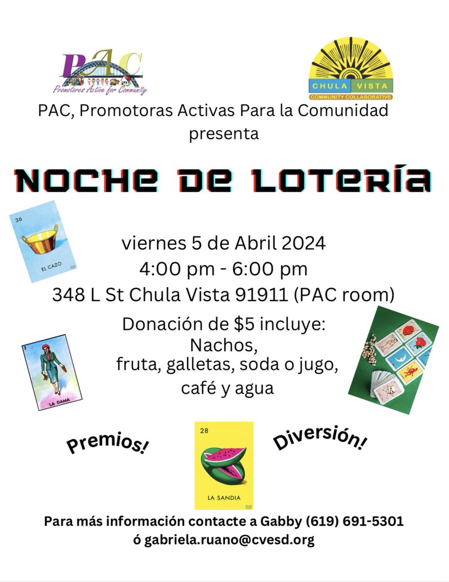 CVCC &amp; PAC present Noche De Lotería/ Lotería Night • Friday/ viernes 4/5/24 • 4:00 pm - 6:00 pm • New Directions FRC • Room 805 🤩
#ChulaVistaCommunityCollaborative #CVCC #NocheDeLoteria #Loteria #PAC #Promotoras #PromotorasActivasParaLaComunidad #Familia #Family #ChulaVista