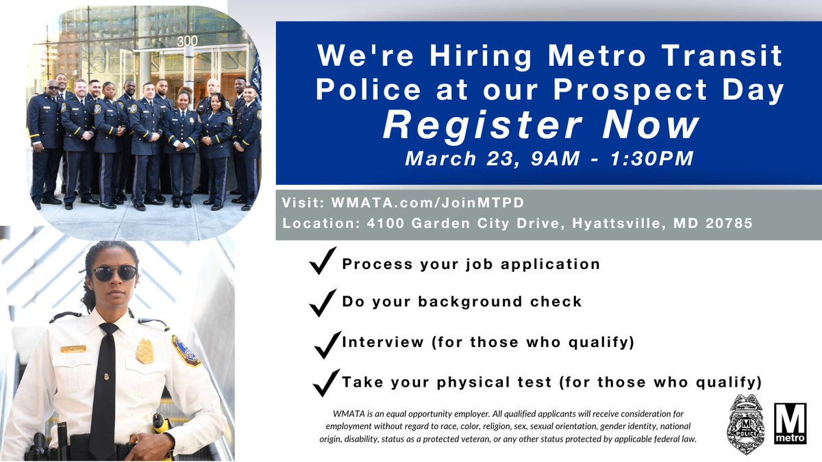 Join our team! Learn more about careers with MTPD and process your application. Meet us at 4100 Garden City Dr., Hyattsville, MD, 9 am-1:30 pm, on 3/23. Register here: WMATA.com/JoinMTPD #wmata