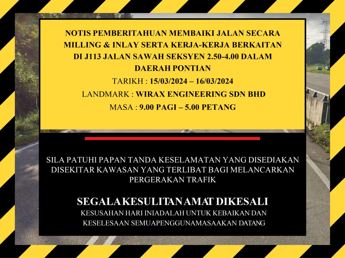 teto_eng_sb's tweet photo. 𝐍𝐎𝐓𝐈𝐒 𝐏𝐄𝐌𝐁𝐄𝐑𝐈𝐓𝐀𝐇𝐔𝐀𝐍 𝐌𝐄𝐌𝐁𝐀𝐈𝐊𝐈 𝐉𝐀𝐋𝐀𝐍 
SECARA MILLING &amp; INLAY

J113 JLN SAWAH SEKSYEN 2.50 - 4.00 | DAERAH PONTIAN
@JKRPontian1 

PADA 15/03/2024 - 16/03/2024
MASA 9.00PAGI HINGGA 5.00 PETANG
LANDMARK WIRAX ENGINEERING SDN BHD

#TETOCare
#TETO_eng_sb https://t.co/dg5Bs2Cx78
