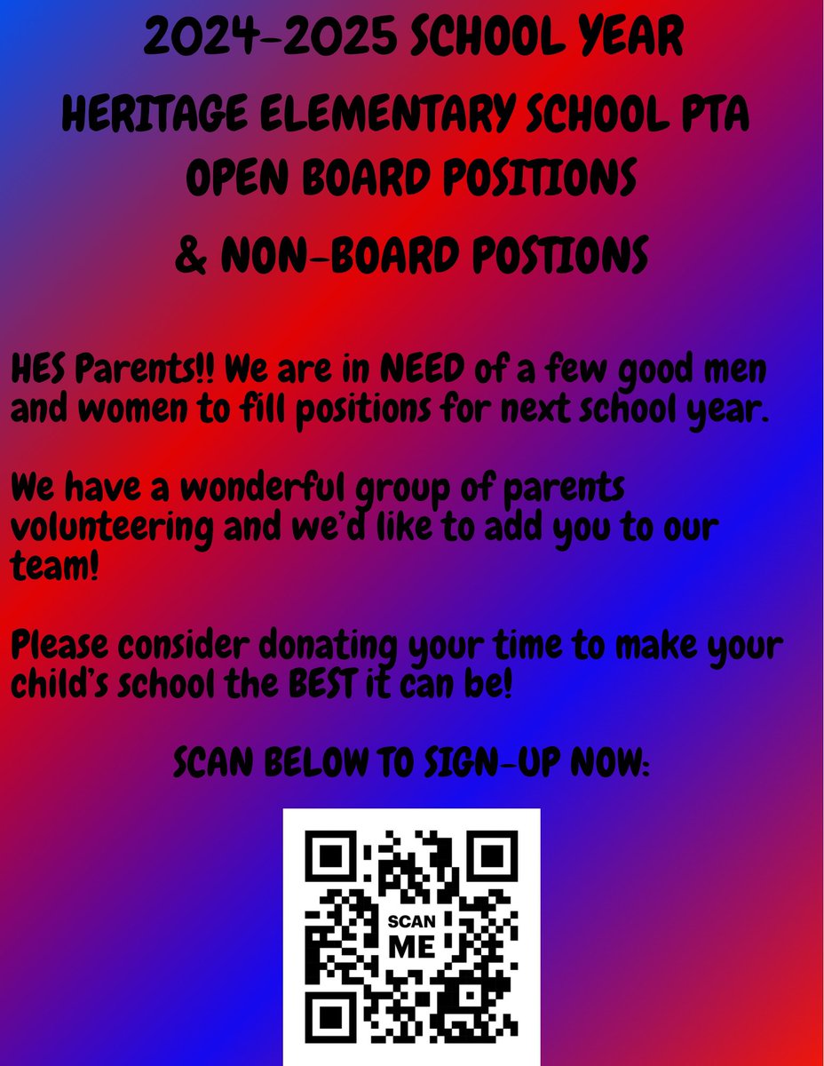 We are in need of a few good men and women to fill PTA positions for the 2024-2025 school year. Several of our current board member’s terms are up. 

If you are interested, please fill out this form: forms.gle/82P8sM5WnhhUzN…

If you have questions email us at hesptanc@gmail.com