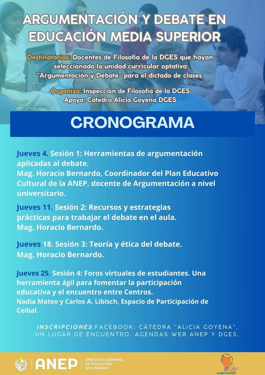 Adelanto de abril. Inscripciones para cada fecha en facebook Cátedra Alicia Goyena: un lugar de encuentro y Agendas Web de DGES y ANEP. Organiza: Inspección de Filosofía de la DGES
<a href="/dges_Uruguay/">Educación Secundaria</a> <a href="/ANEP_Uruguay/">ANEP</a>