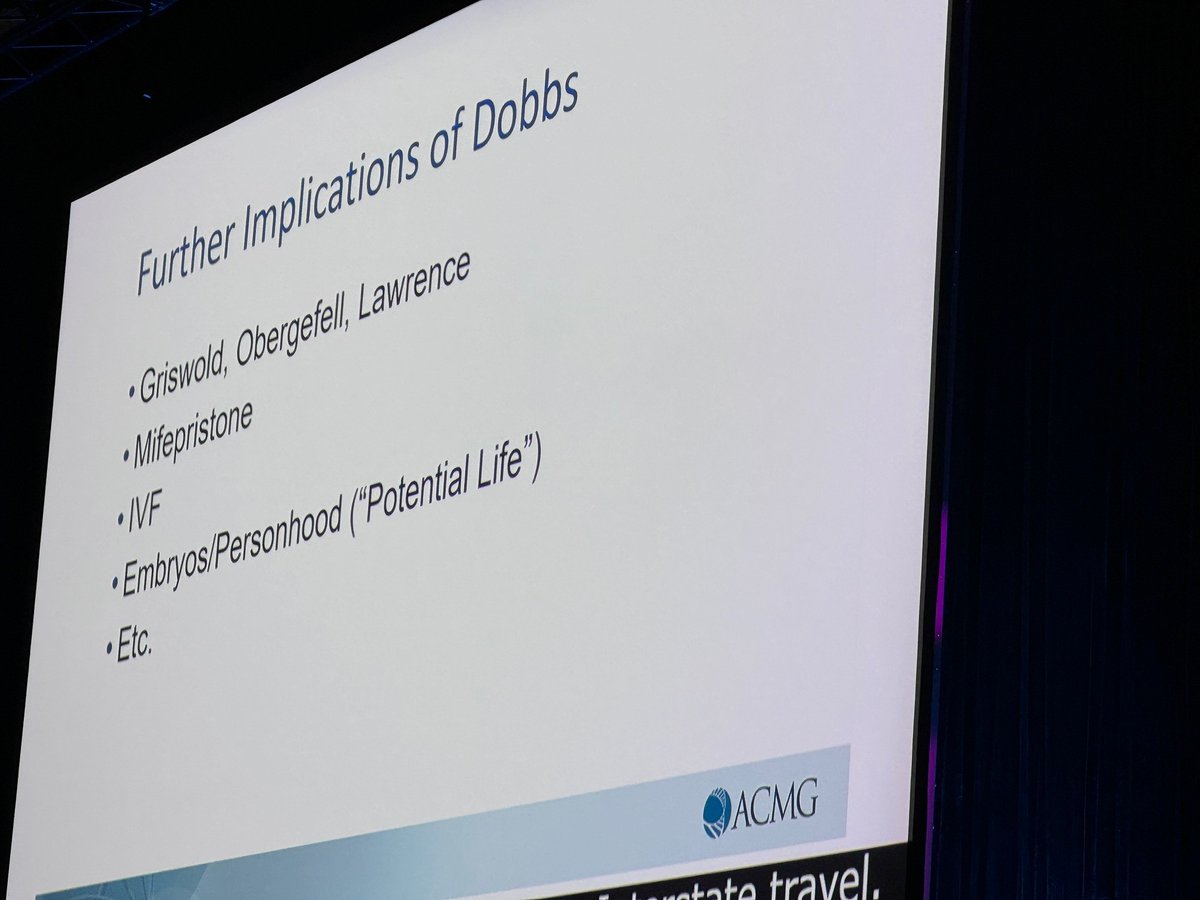 obgenetics's tweet photo. Legal considerations for medical #genetics and #geneticcounseling after #Dobbs. R Barrios @RoiaBarrios abortion laws vary by state: #triggerlaw, aiding and abetting, etc. and exceptions. Who is liable: Physician/Patient? Further implications? #personhood #ACMGMtg24 https://t.co/WgKBMaMt7n