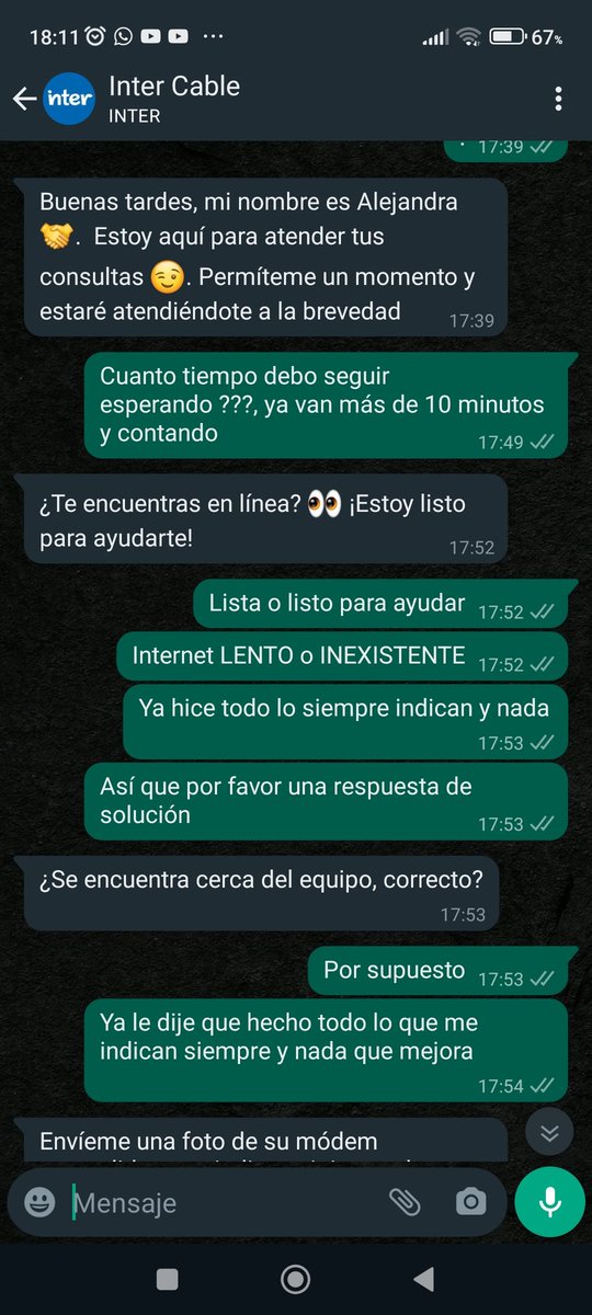 acido100x100's tweet image. Imágenes del trato qué me dispensaron ayer en @InterCliente @TuMundoInter reportando una falla INTERMITENTE en Internet de navegar a lento a no navegar desde Octubre 2023
Vean los tiempos de respuesta para después colgarme
#NomeINTEResa
2500015851
#InterCliente