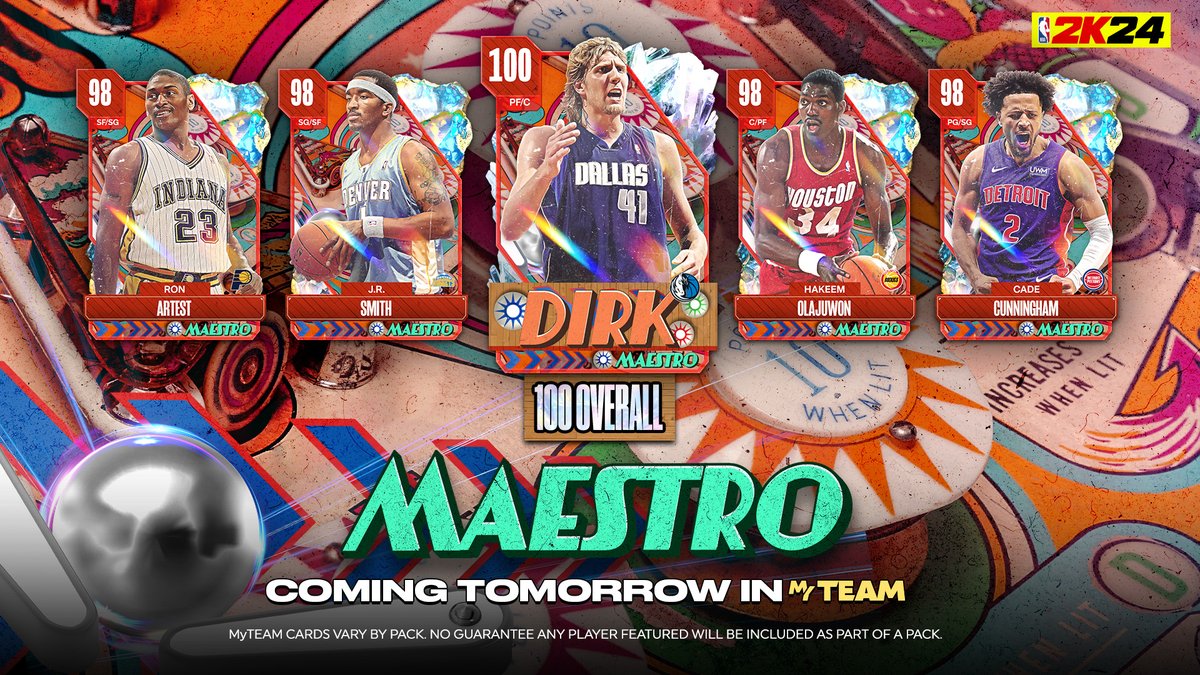 NBA2KMyTEAM's tweet photo. Maestro is dropping tomorrow with 💯 OVR Dirk Nowitzki!

Learn more in the MyTEAM Playbook: https://t.co/olF22ei2UR   

Look for these players ➕ more: 
✨ Galaxy Opal JR Smith
✨ Galaxy Opal Hakeem Olajuwon
✨ Galaxy Opal Ron Artest https://t.co/sFzNzxzpU9