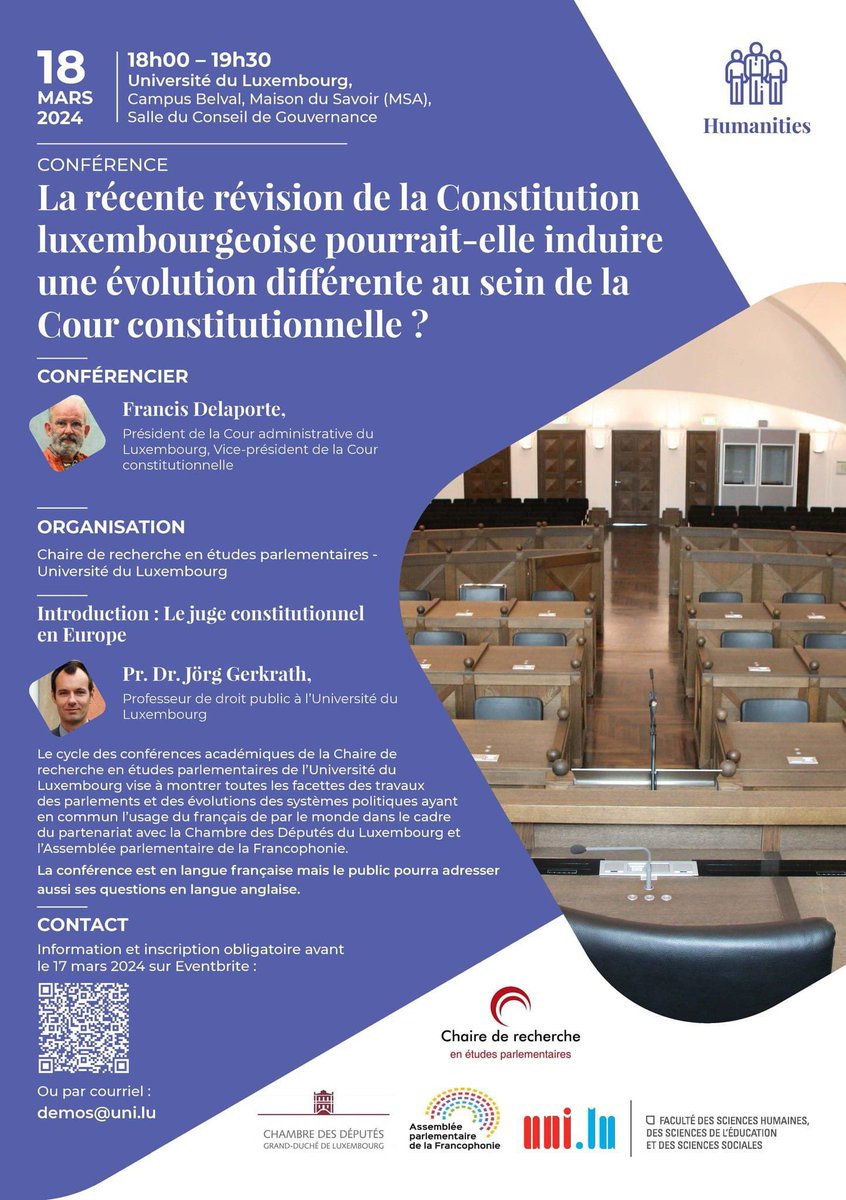 📣 La récente révision de la Constitution luxembourgeoise pourrait-elle induire une évolution différente au sein de la Cour constitutionnelle ? Francis Delaporte Président de la Cour administrative du Luxembourg, @uni_lu, Belval, Maison du Savoir, Salle du Conseil de Gouvernance