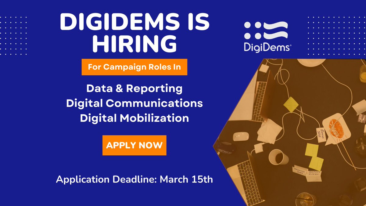 Last call for DigiDems 2024 applications! 🚨 Bring your data, digital comms, and mobilization knowledge to critical Democratic campaigns this year. Apply by TOMORROW: hubs.la/Q02nj3tY0 #Election2024 #DigiDems2024