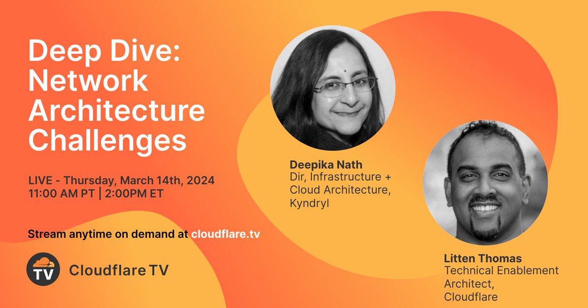 Want more architecture shows? We see you. Next up - it’s a special Deep Dive: Network Architecture Challenges that takes a look at the #ConnectivityCloud, improving agility and enhancing security. Brought to you by @Cloudflare x @Kyndryl. Tune in now >> cloudflare.tv/event/deep-div……