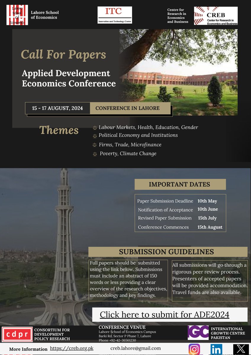 Exciting news ahead!! We are back with #ADE2024. The conference will be held in #Lahore, August 15-17, 2024. The call for papers for the Applied Development Economics Conference 2024 is now open! Submit your papers by Friday, May 10, 2024, here: forms.gle/kmhL2pmrrE14yt… #DevEcon