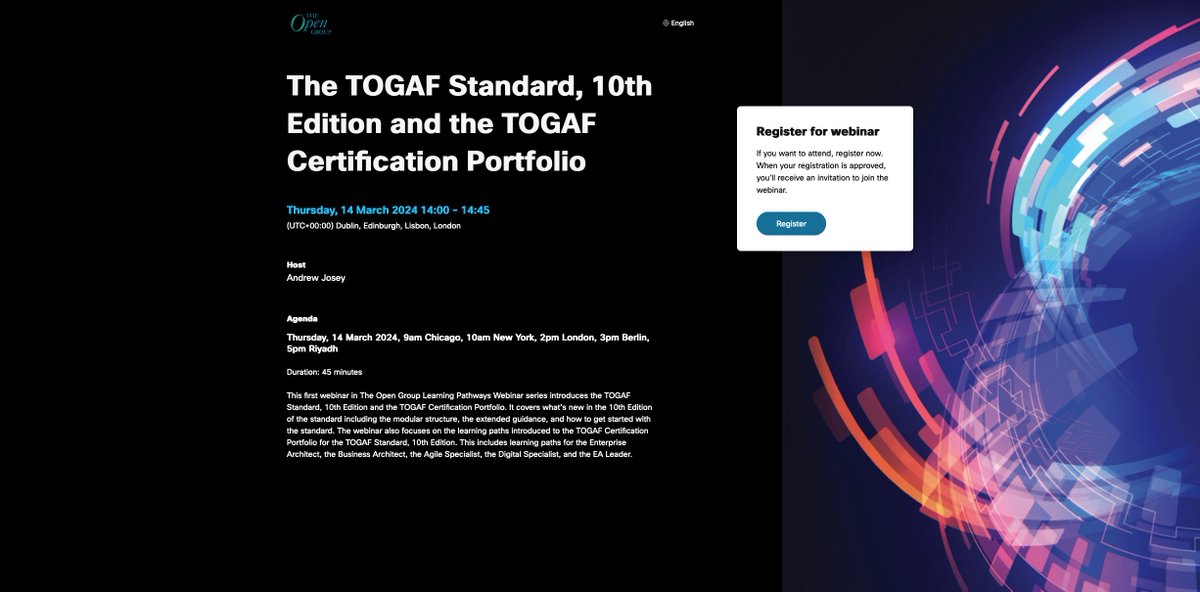 TOGAF® (@togaf_r) on Twitter photo Join <a href="/TheOpenGroup/">The Open Group</a> Knowledge-based Learning Pathways series webinar:
The TOGAF® Standard, 10th Edition and the TOGAF Certification Portfolio.
March 15th 9am London, 11am Cairo, 2:30pm Mumbai, 5pm Beijing, 7pm Brisbane.
Register at: opengroupevents.webex.com/weblink/regist… #ogwebinar Join <a href="/TheOpenGroup/">The Open Group</a> Knowledge-based Learning Pathways series webinar:
The TOGAF® Standard, 10th Edition and the TOGAF Certification Portfolio.
March 15th 9am London, 11am Cairo, 2:30pm Mumbai, 5pm Beijing, 7pm Brisbane.
Register at: opengroupevents.webex.com/weblink/regist… #ogwebinar