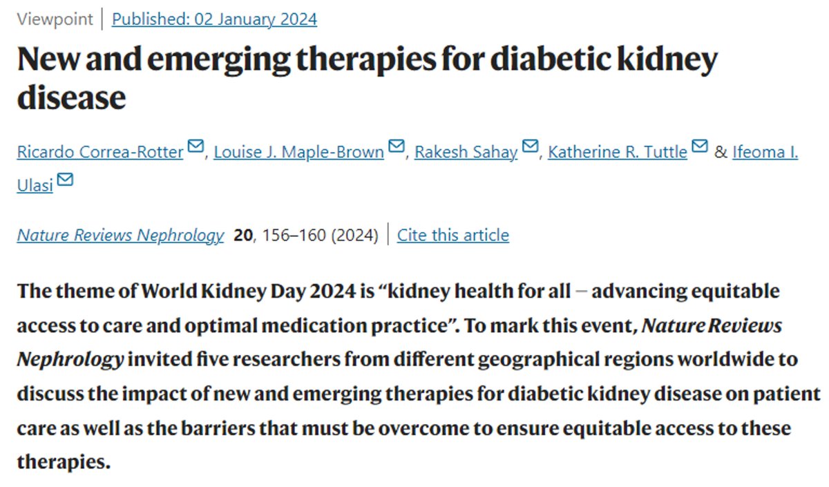 Nature Reviews Nephrology (@natrevneph) on Twitter photo For #WorldKidneyDay, we asked Ricardo Correa-Rotter, <a href="/LMapleBrown/">Prof Louise Maple-Brown</a>, <a href="/sahayrk/">Rakesh Sahay</a>, <a href="/KatherineTuttl8/">Katherine Tuttle</a> & <a href="/ifeomaulasi/">Ifeoma Ulasi</a> for their views on the impact of new therapies for #DiabeticKidneyDisease and the barriers that must be overcome to ensure equitable access to care go.nature.com/3Vhlbki For #WorldKidneyDay, we asked Ricardo Correa-Rotter, <a href="/LMapleBrown/">Prof Louise Maple-Brown</a>, <a href="/sahayrk/">Rakesh Sahay</a>, <a href="/KatherineTuttl8/">Katherine Tuttle</a> & <a href="/ifeomaulasi/">Ifeoma Ulasi</a> for their views on the impact of new therapies for #DiabeticKidneyDisease and the barriers that must be overcome to ensure equitable access to care go.nature.com/3Vhlbki