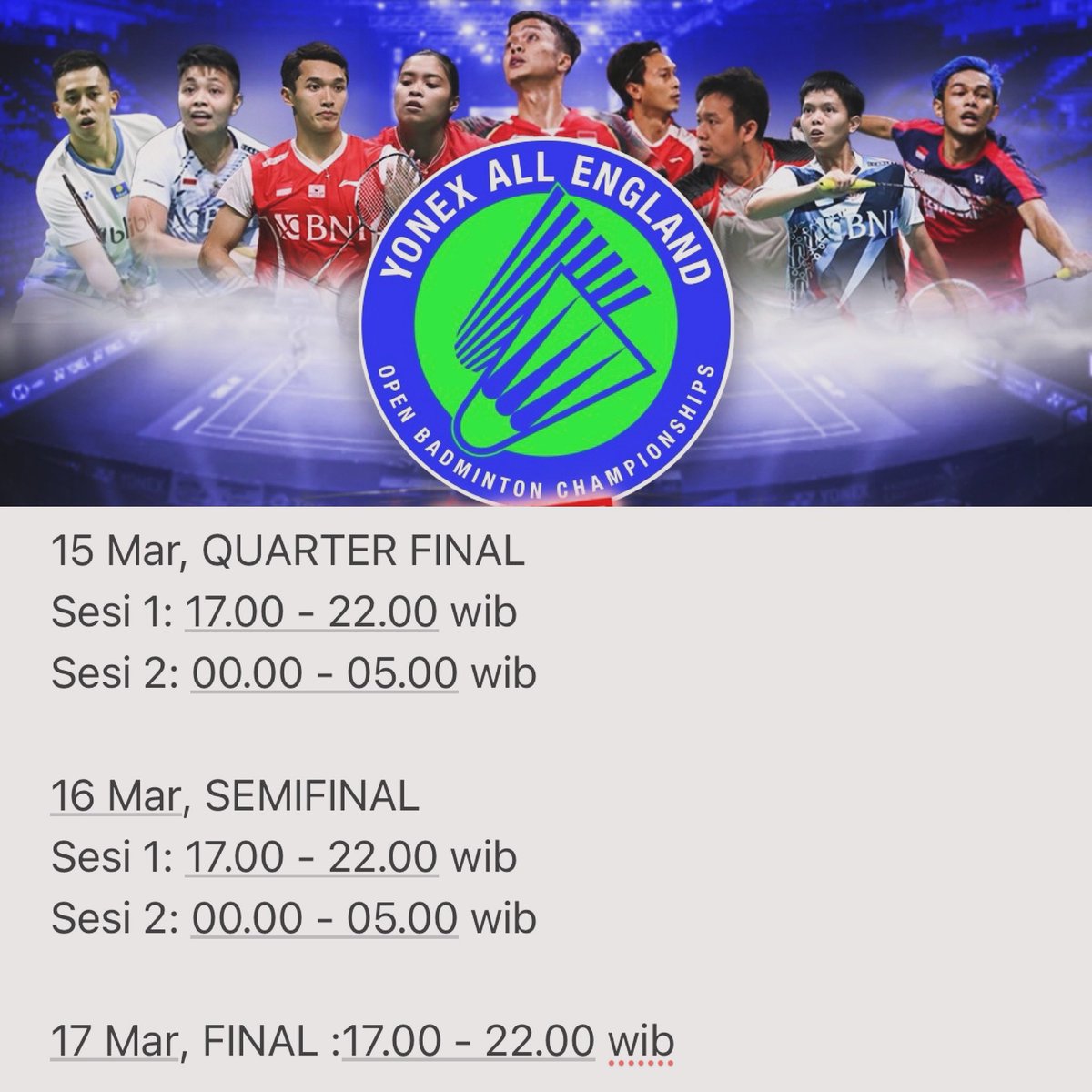 LIVE SCHEDULE ALL ENGLAND 2024 @officialinews_ Babak QF & SEMIFINAL akan dibagi menjadi 2 SESI 🏸🏸🏸 Sesi 1 @ 17.00 wib & Sesi 2 @ 00.00 wib!! Check this out!! Good Luck utk wakil INA🇮🇩🇮🇩🇮🇩 di QF All England 2024 🔥🔥🔥 #badminton #inewstv #allengland2024