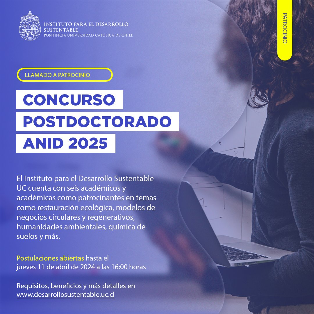🔺El Instituto para el Desarrollo Sustentable UC llama a investigadores/as con el grado de doctor(a) a postular al patrocinio institucional para el “Concurso Fondecyt de Postdoctorado 2025”.

Postula hasta el jueves 11 de abril de 2024 📩

📲Detalles: desarrollosustentable.uc.cl/2024/03/12/lla…