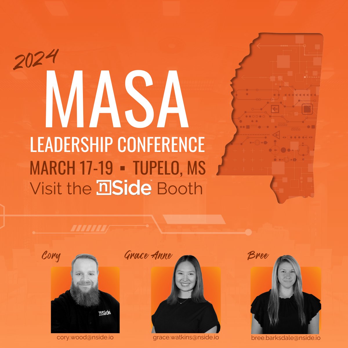 nSideApp's tweet image. nSide’s Cory Wood, Bree Barksdale, and Grace Anne Watkins will be attending the MASA Conference in Tupelo, MS, next week! ✅ If you are attending, make sure to stop by our booth! 🏫 🖥️ 

#SchoolSafety #nSidePlatform #MississippiSchools