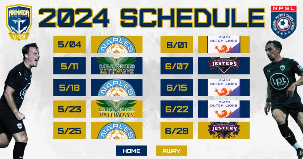 Introducing our <a href="/ArmadaFCU23/">Armada FC U-23</a> 2024 <a href="/NPSLSoccer/">National Premier Soccer League (NPSL)</a> schedule! Tickets are now available for purchase through our official ticket partner <a href="/tixologi/">Tixologi</a>.

🎟 jacksonvillearmada.com/ticket