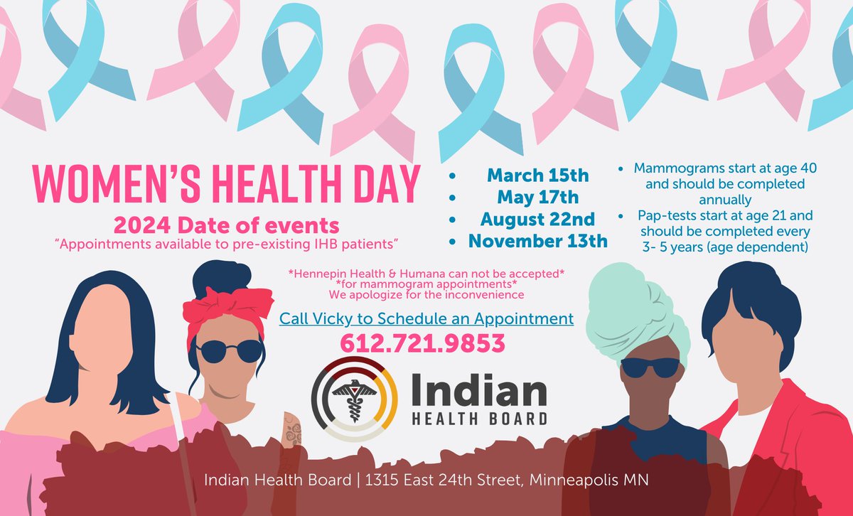 Just a reminder that our first Women's Health Day Event for 2024 is tomorrow March 15th! There will be pap tests available (ages 21+) as well as mammograms (ages 40+) Call Vicky to schedule an appointment 612.721.9853 #MyIHB #WomensHealthDay2024