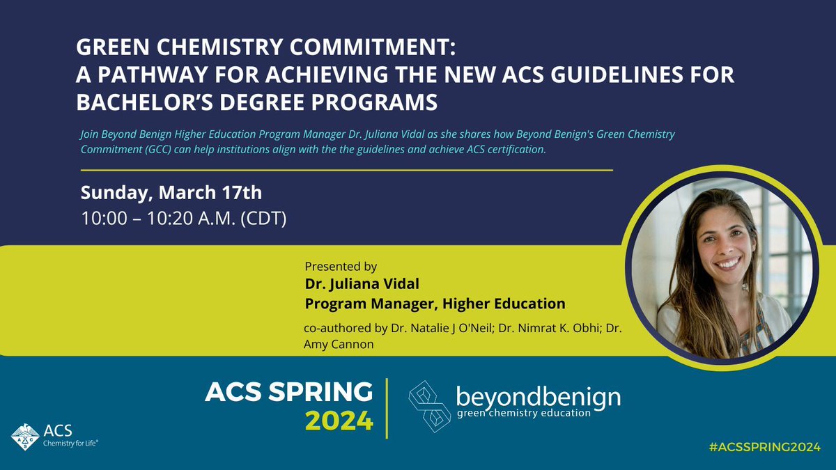 Join Dr. Juliana Vidal at #ACSSpring2024 as she discusses how the Green Chemistry Commitment (GCC) can help institutions align with the guidelines and achieve ACS certification. Explore more presentations from our team here: buff.ly/49btty0