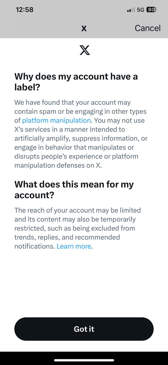 There it is. X Twitter locked my account earlier and confirmed via a label that Musk is limiting my reach. Through my friend at X, I have learned that my reach was limited beginning last June. Why does Musk, with 150 million followers, fear my 8,000 follower account 🤡?