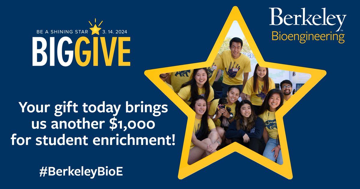 Your donation helps provide our students with summer research, seminars, lab upgrades, career planning, and so much more! Help us meet our $25k match by making a donation of any size today! bit.ly/BioEBG24 #BerkeleyBioE #CalBigGive @Cal_Engineer