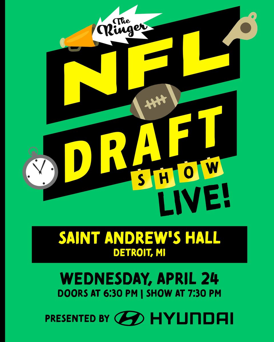 Detroit we're coming‼️

Join <a href="/DannyBKelly/">Danny Kelly</a>, <a href="/craighorlbeck/">Craig Horlbeck</a>, <a href="/BenjaminSolak/">Benjamin Solak</a> and <a href="/Danny_Heifetz/">Danny Heifetz</a> for a LIVE episode of 'The Ringer NFL Draft Show.'

Tickets available now: bit.ly/ringerdraft24

See ya draft weekend.
Presented by <a href="/Hyundai/">Hyundai USA</a>. #ad