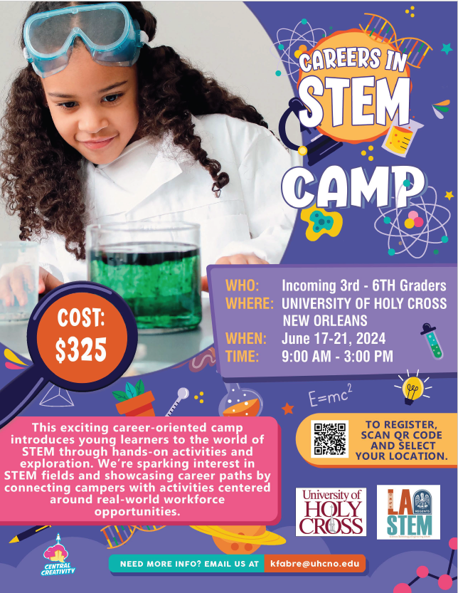 🔬It's Summer Camp time! The University of Holy Cross will be hosting a STEM camp this summer. Register today at: loom.ly/5kGoHZs 🧪