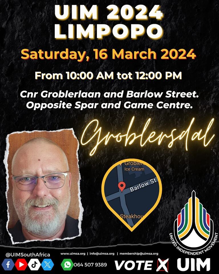 UIMSouthAfrica's tweet photo. #UIM2024 #Limpopo
UIM coordinator: Nico Van der Walt
Date: 16 March 2024
Time: 10:00 am to 12:00 pm
Venue: Cnr Groblerlaan and Barlow Street, Groblersdal, Limpopo. Opposite Spar and Game Centre.
#stayinformed #Vote2024 #LatestNews
#MPCSA #MPC #Charter24 #VoteUIM2024 #VoteNei… https://t.co/SgiylEfsne