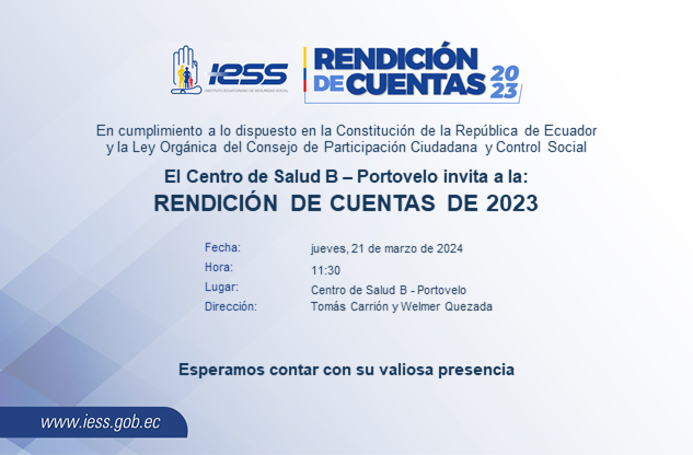 IESSElOro's tweet photo. 🗣 El Centro de Salud B - Portovelo invita a los asegurados y ciudadanía a la presentación de la #RendicióndeCuentasIESS2023.

🗓️ Fecha: jueves, 21 de marzo de 2024
🕥 Hora: 11:30
📍 Dirección: Tomás Carrión y Welmer Quezada https://t.co/uvScBjYm0G