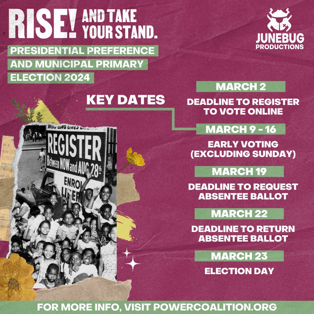 JunebugNoLa's tweet photo. Early voting is happening now Louisiana family! Visit @PowerCoEJ for polling location and ballot information. 

#RiseAndTakeYourStand #Vote #GoVote #GeauxVote https://t.co/51NFj2KIuM