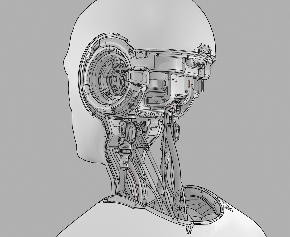 Drawing by Daniel McGarry exploring the balance between organic and mechanical elements for the Simulants of The Creator (2023).